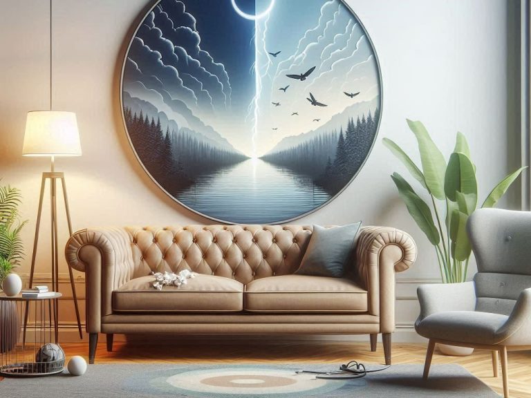 Es wird eine Couch in einem Therapiezimmer dargestellt, darüber hängt ein großes Bild. 